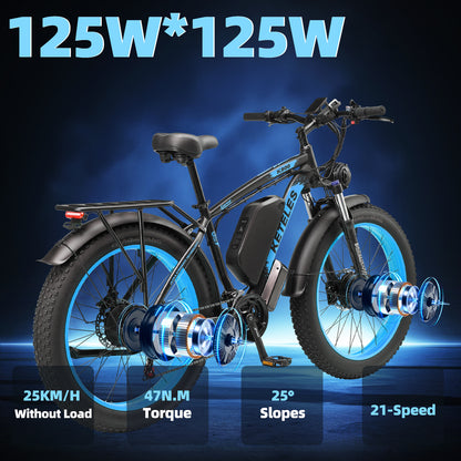 KETELES K800 250W dual Motors 48V 23AH Battery 26" Inch Fat Tire E-Bike