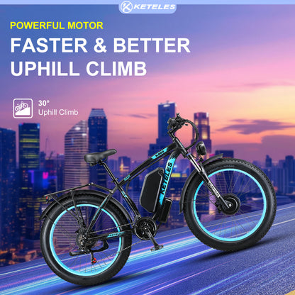 KETELES K800 250W dual Motors 48V 23AH Battery 26" Inch Fat Tire E-Bike
