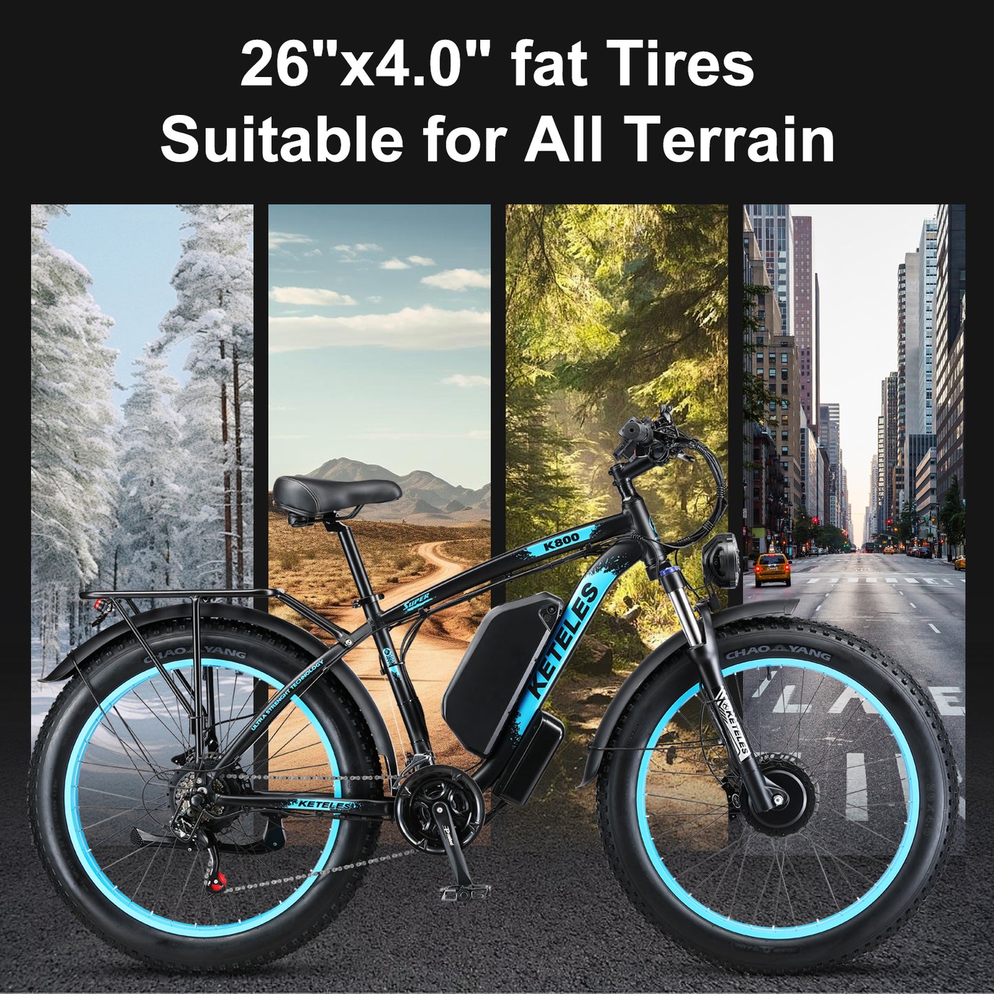 KETELES K800 250W dual Motors 48V 23AH Battery 26" Inch Fat Tire E-Bike